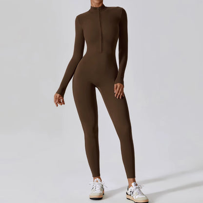 Women'S Jumpsuits One-Piece Suit Zipper Long Sleeved Yoga Set Gym Push up Workout Clothes Fitness Bodysuit Sportswear Tracksuit