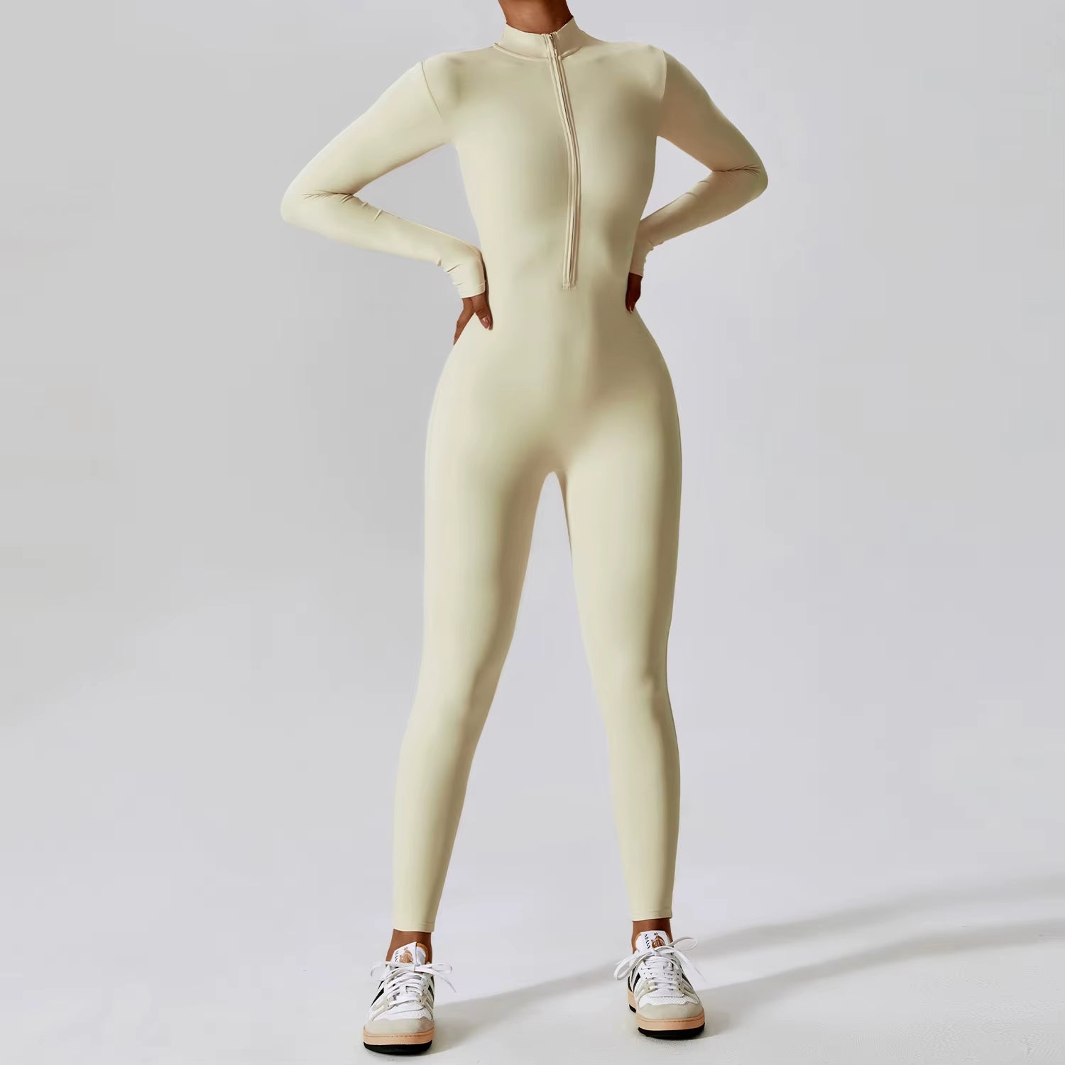 Women'S Jumpsuits One-Piece Suit Zipper Long Sleeved Yoga Set Gym Push up Workout Clothes Fitness Bodysuit Sportswear Tracksuit